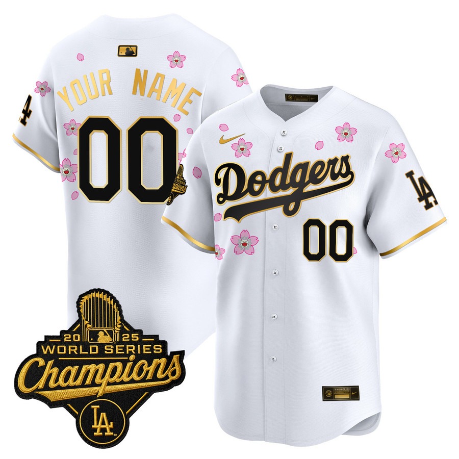 Men's Dodgers Custom 2025 World Series Champions x Tokyo Series Gold Trim Nike Limited Stitched Jersey White Gold