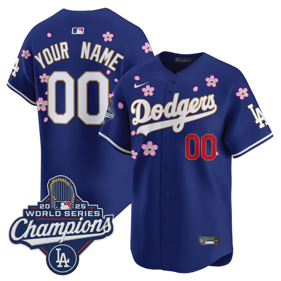 Men's Dodgers Custom 2025 World Series Champions x Tokyo Series Gold Trim Nike Limited Stitched Jersey Royal
