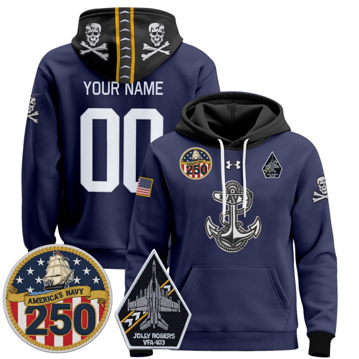 Navy Midshipmen 'Jolly Rogers Edition' Custom Stitched Pullover Hoodie Navy With 250th Anniversary Patch