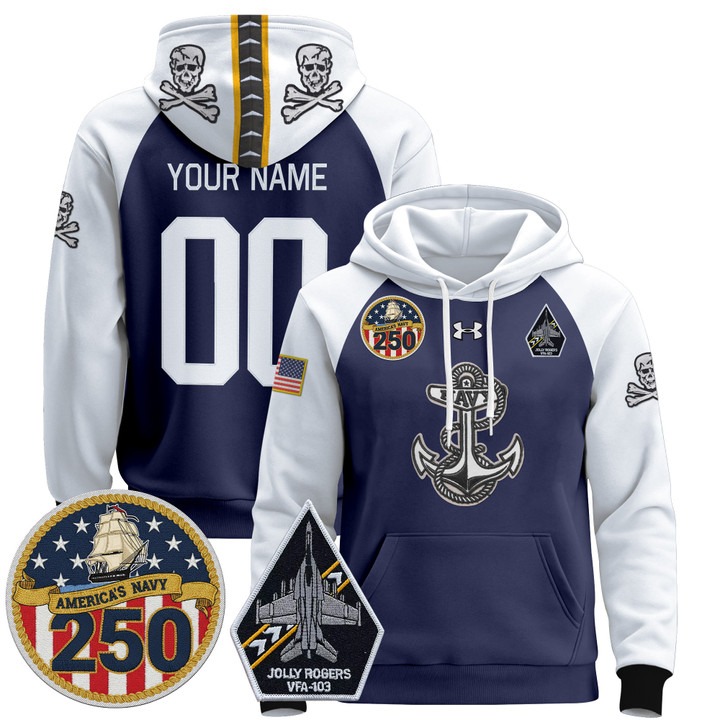 Navy Midshipmen 'Jolly Rogers Edition' Custom Stitched Pullover Hoodie Navy Alternate With 250th Anniversary Patch