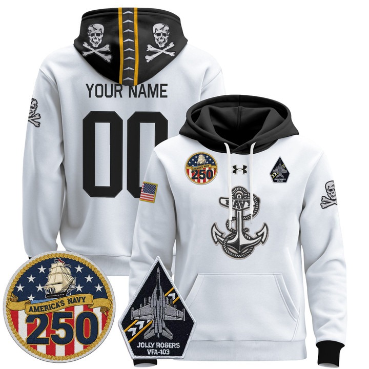 Navy Midshipmen 'Jolly Rogers Edition' Custom Stitched Pullover Hoodie White With 250th Anniversary Patch