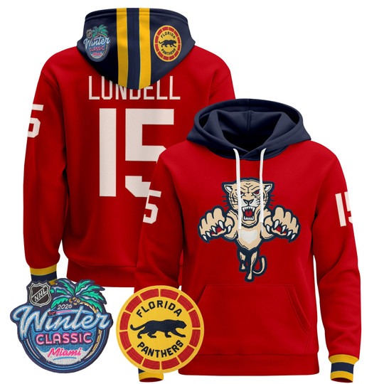 Men's Florida Panthers #15 Anton Lundell Red 2026 Winter Classic Premium Stitched Pullover Hoodie