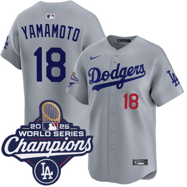 Men's Los Angeles Dodgers #18 Yoshinobu Yamamoto Alternate Road Limited 2025 World Series Champions Jersey Grey