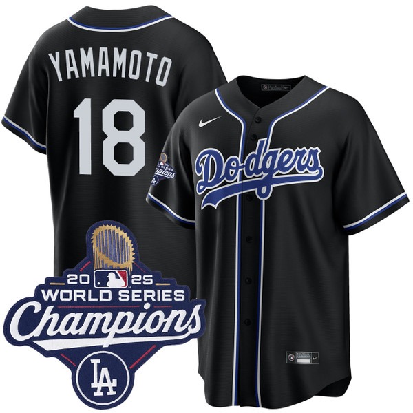 Men's Los Angeles Dodgers #18 Yoshinobu Yamamoto Black Lights Out 2025 World Series Champions Nike Jersey