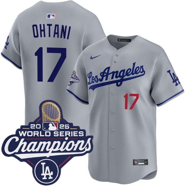 Men's Los Angeles Dodgers #17 Shohei Ohtani Road Limited 2025 World Series Champions Jersey Grey