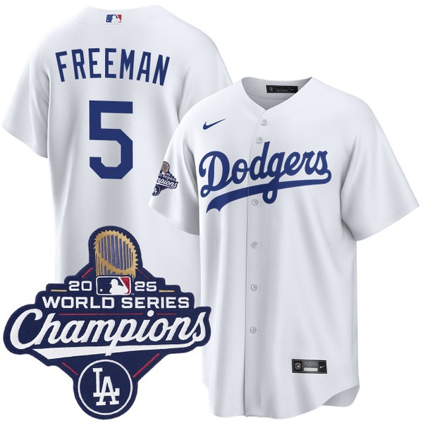 Youth Los Angeles Dodgers #5 Freddie Freeman Home 2025 World Series Champions Jersey White