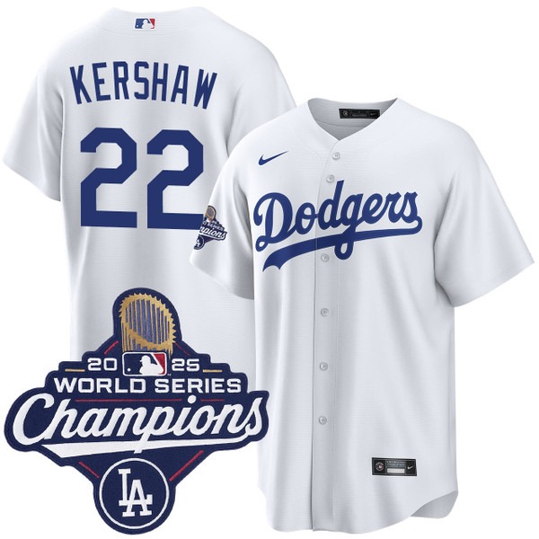 Youth Los Angeles Dodgers #22 Clayton Kershaw Home 2025 World Series Champions Jersey White