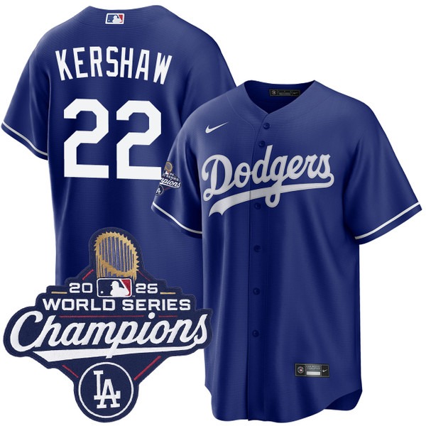 Men's Los Angeles Dodgers #22 Clayton Kershaw Royal 2025 Alternate World Series Champions Jersey