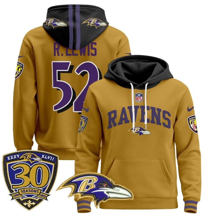 Men's Baltimore Ravens #52 Ray Lewis Pullover Gold 30th Anniversary Patch Stitched Hoodie