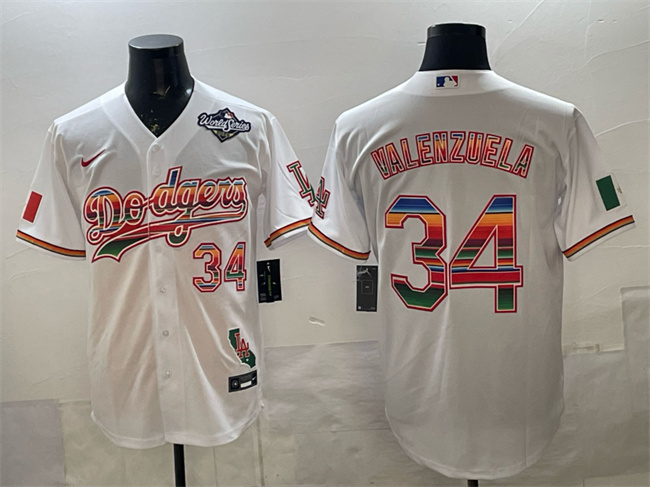 Men's Los Angeles Dodgers #34 Fernando Valenzuela White Mexico California Patch 2025 World Series Patch Stitched Baseball Jersey