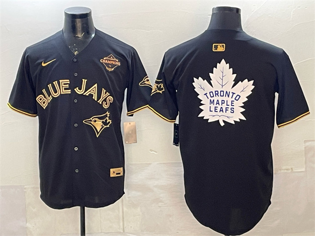 Men's Toronto Blue Jays & Leafs Black Gold 2025 American League Champions With White Leafs Logo Limited Stitched Baseball Jersey