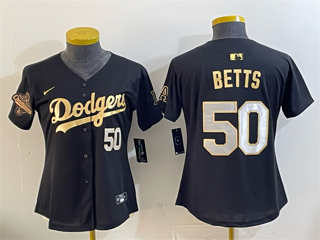 Women's Los Angeles Dodgers #50 Mookie Betts Black Gold 2025 World Series Champions Patch Limited Stitched Baseball Jersey(Run Small)