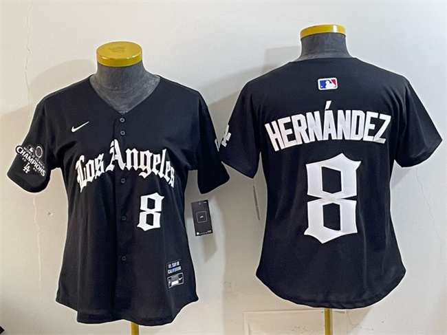Women's Los Angeles Dodgers #8 Enrique Hernandez Black 2025 World Series Champions LA Gothic Edition Limited Stitched Baseball Jersey(Run Small)