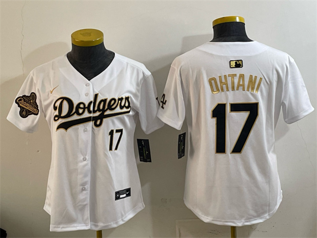 Women's Los Angeles Dodgers #17 Shohei Ohtani White Gold 2025 World Series Champions Patch Limited Stitched Baseball Jersey(Run Small)