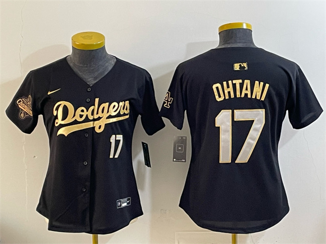 Women's Los Angeles Dodgers #17 Shohei Ohtani Black Gold 2025 World Series Champions Patch Limited Stitched Baseball Jersey(Run Small)