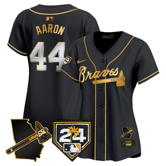 Women's Atlanta Braves #44 Hank Aaron Black Gold 2024 Spring Training & Georgia Patch Vapor Limited Stitched Baseball Jersey(Run Small)
