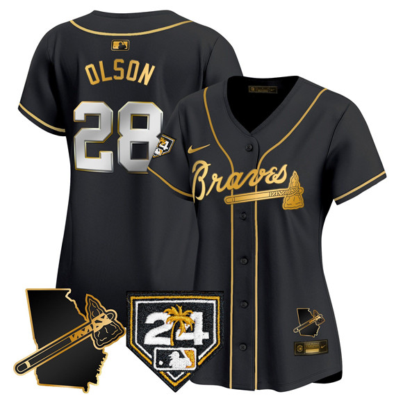 Women's Atlanta Braves #28 Matt Olson Black Gold 2024 Spring Training & Georgia Patch Vapor Limited Stitched Baseball Jersey(Run Small)