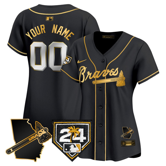 Women's Atlanta Braves Custom Black Gold 2024 Spring Training & Georgia Patch Vapor Limited Stitched Baseball Jersey(Run Small)