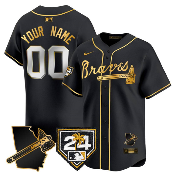 Men's Atlanta Braves Custom Black Gold 2024 Spring Training & Georgia Patch Vapor Limited Stitched Jersey