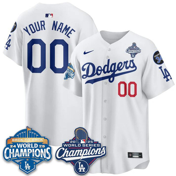 Youth Los Angeles Dodgers Custom White 2025 World Series Champions & Back to Back Champions With No.34 Patch Limited Stitched Baseball Jersey