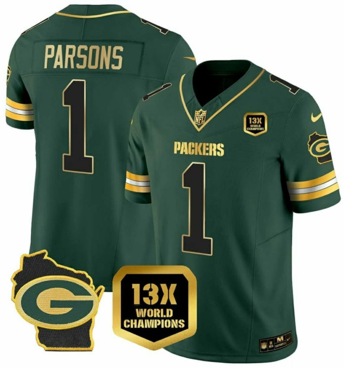 Men's Green Bay Packers #1 Micah Parsons Green 2025 F.U.S.E. Champions Patch and G Patch Vapor Untouchable Limited Stitched Football Jersey