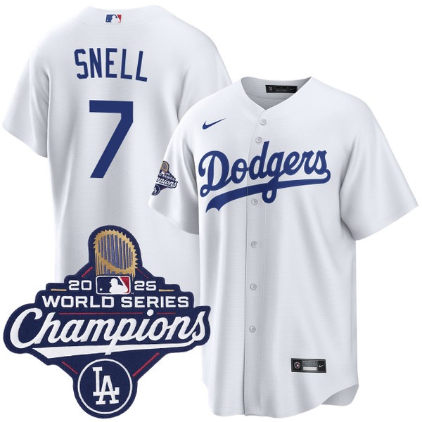Men's Nike Los Angeles Dodgers #7 Blake Snell Home 2025 World Series Champions Jersey White