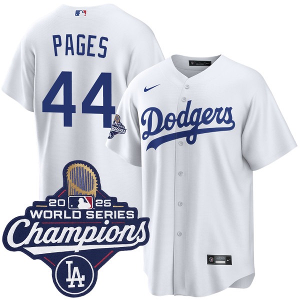 Men's Nike Los Angeles Dodgers #44 Andy Pages Home 2025 World Series Champions Jersey White