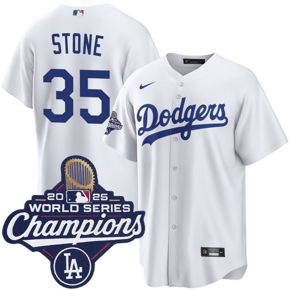 Men's Nike Los Angeles Dodgers #35 Gavin Stone Home 2025 World Series Champions Jersey White