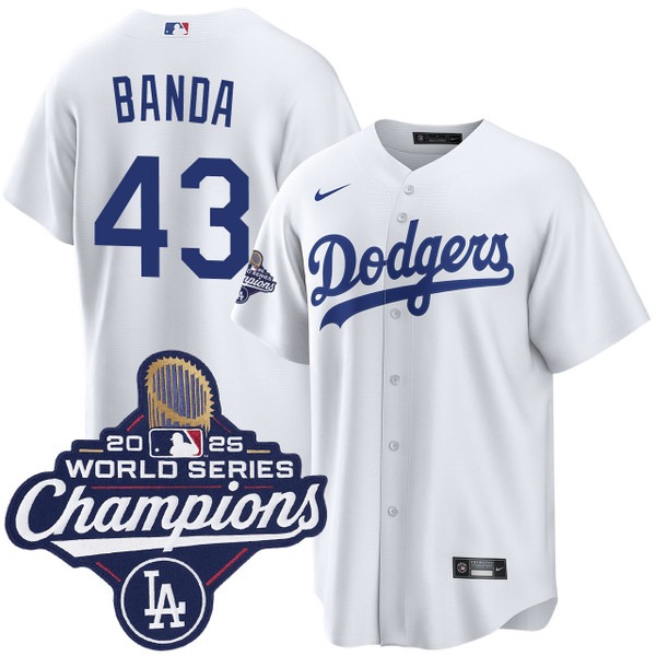 Men's Nike Los Angeles Dodgers #43 Anthony Banda Home 2025 World Series Champions Jersey White