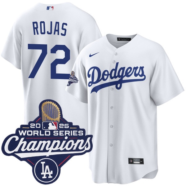 Men's Nike Los Angeles Dodgers #72 Miguel Rojas Home 2025 World Series Champions Jersey White