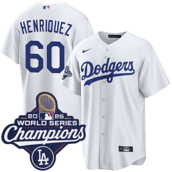 Men's Nike Los Angeles Dodgers #60 Edgardo Henriquez Home 2025 World Series Champions Jersey White