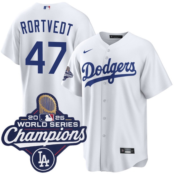 Men's Nike Los Angeles Dodgers #47 Ben Rortvedt Home 2025 World Series Champions Jersey White