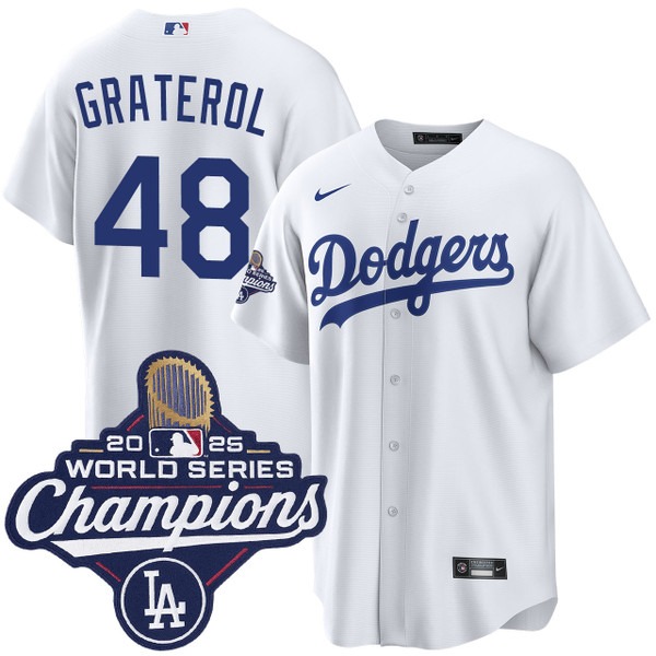 Men's Nike Los Angeles Dodgers #48 Brusdar Graterol Home 2025 World Series Champions Jersey White