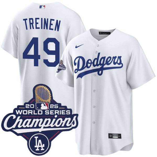 Men's Nike Los Angeles Dodgers #49 Blake Treinen Home 2025 World Series Champions Jersey White