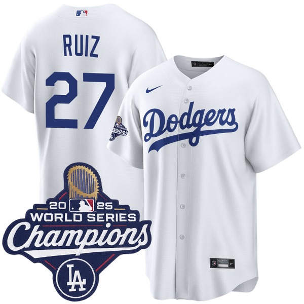 Men's Nike Los Angeles Dodgers #27 Esteury Ruiz Home 2025 World Series Champions Jersey White