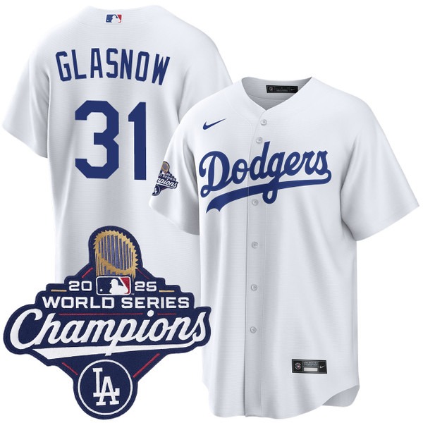 Men's Nike Los Angeles Dodgers #31 Tyler Glasnow Home 2025 World Series Champions Jersey White