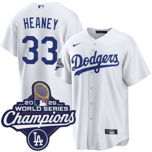 Men's Nike Los Angeles Dodgers #33 Andrew Heaney Home 2025 World Series Champions Jersey White