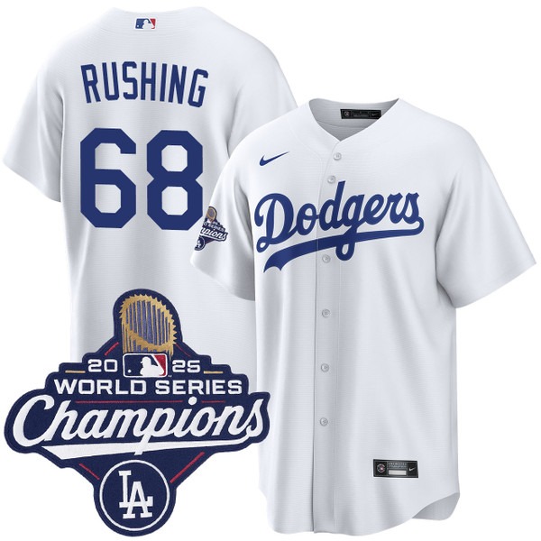 Men's Nike Los Angeles Dodgers #68 Dalton Rushing Home 2025 World Series Champions Jersey White