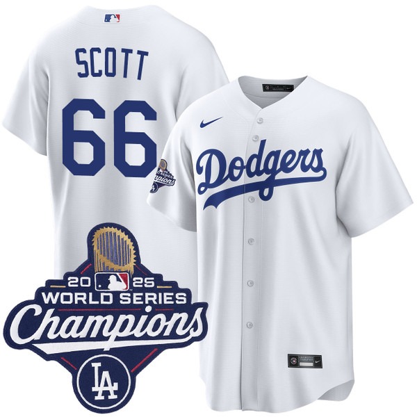 Men's Nike Los Angeles Dodgers #66 Tanner Scott Home 2025 World Series Champions Jersey White