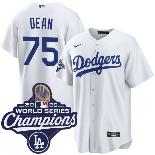 Men's Nike Los Angeles Dodgers #75 Justin Dean Home 2025 World Series Champions Jersey White 