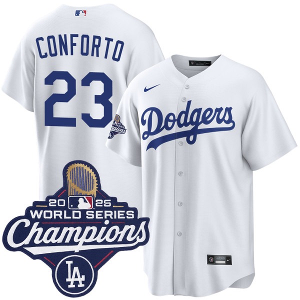 Men's Nike Los Angeles Dodgers #23 Michael Conforto Home 2025 World Series Champions Jersey White