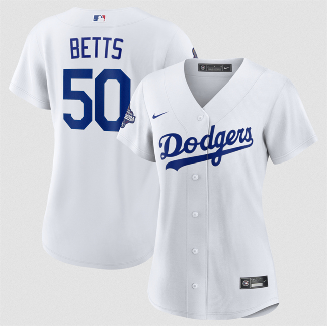 Women's Los Angeles Dodgers #50 Mookie Betts White 2025 World Series Champions Home Cool Base Stitched Baseball Jersey (Run Small)