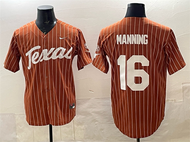 Men's Texas Longhorns #16 Arch Manning Orange Pinstripe SEC Patch Stitched Baseball Jersey