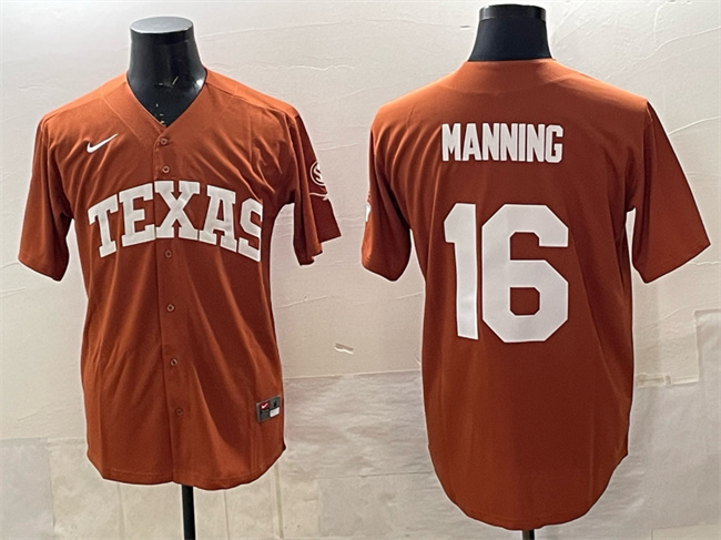 Men's Texas Longhorns #16 Arch Manning Orange SEC Patch Stitched Baseball Jersey
