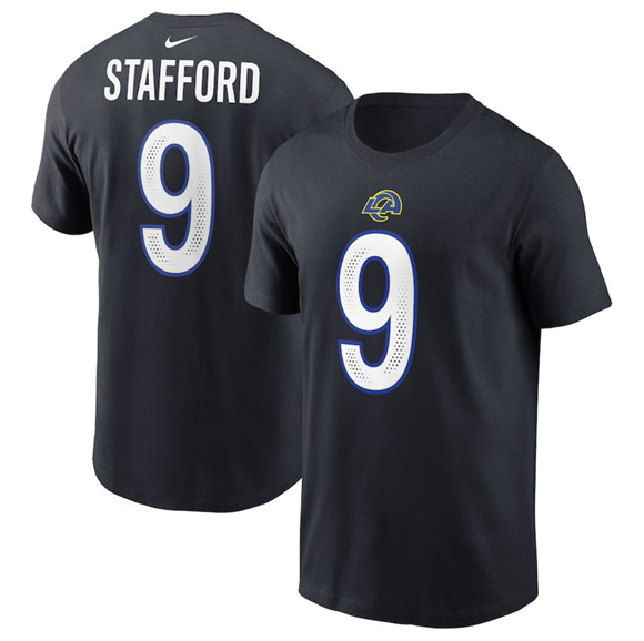 Women'sLos Angeles Rams #9 Matthew Stafford Black 2025 Rivalries Collection Player Name & Number T-Shirt