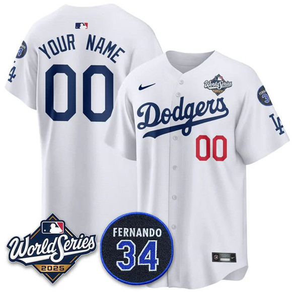 Men's Los Angeles Dodgers Custom White 2025 World Series With No.34 Patch Home Limited Stitched Baseball Jersey