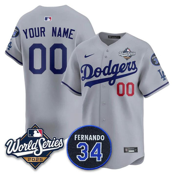 Men's Los Angeles Dodgers Custom Grey 2025 World Series With No.34 Patch Limited Stitched Baseball Jersey