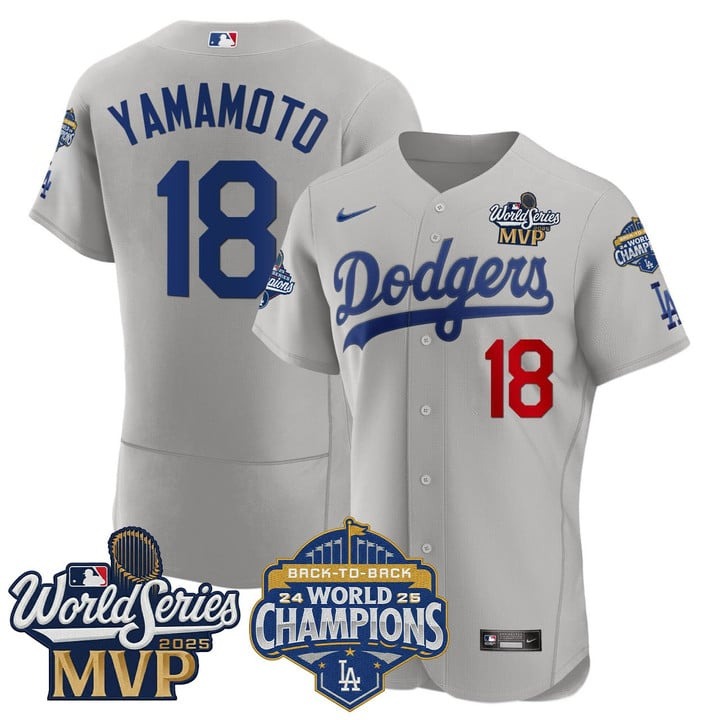 Men's Los Angeles Dodgers #18 Yoshinobu Yamamoto MVP & 2025 World Series Champions Patch Flex Base Stitched Jersey Grey