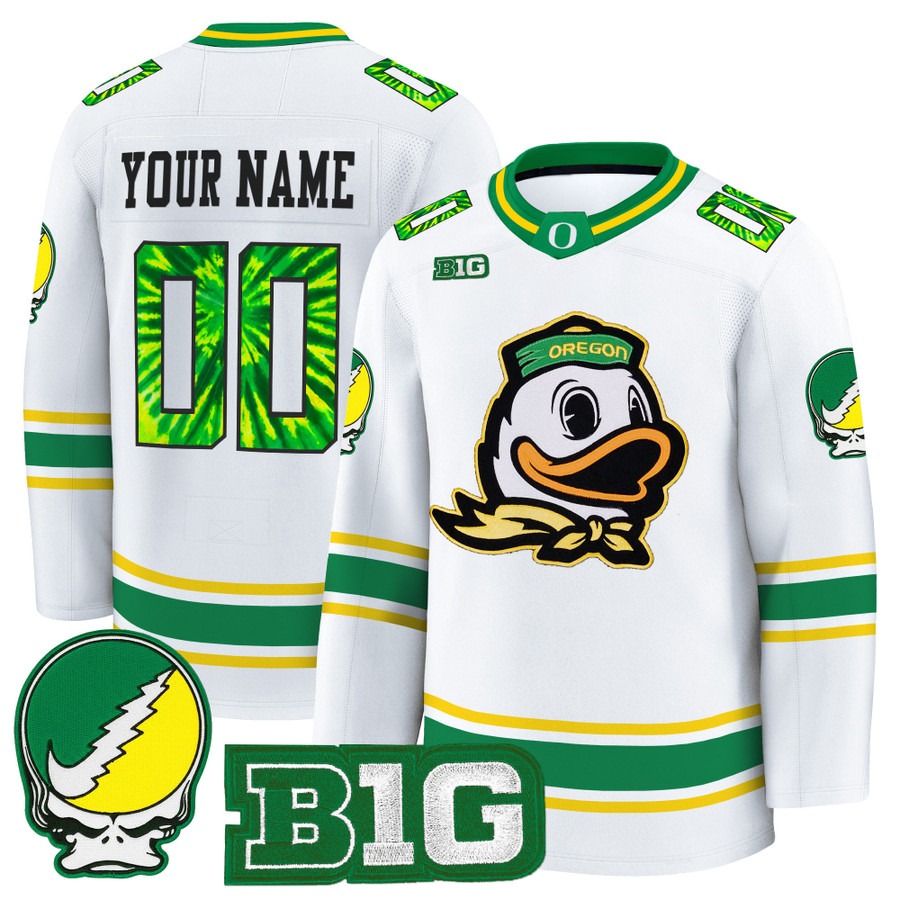 Men's Oregon Ducks Custom Hockey Style 'Grateful Ducks' Premium Stitched Jersey -  White