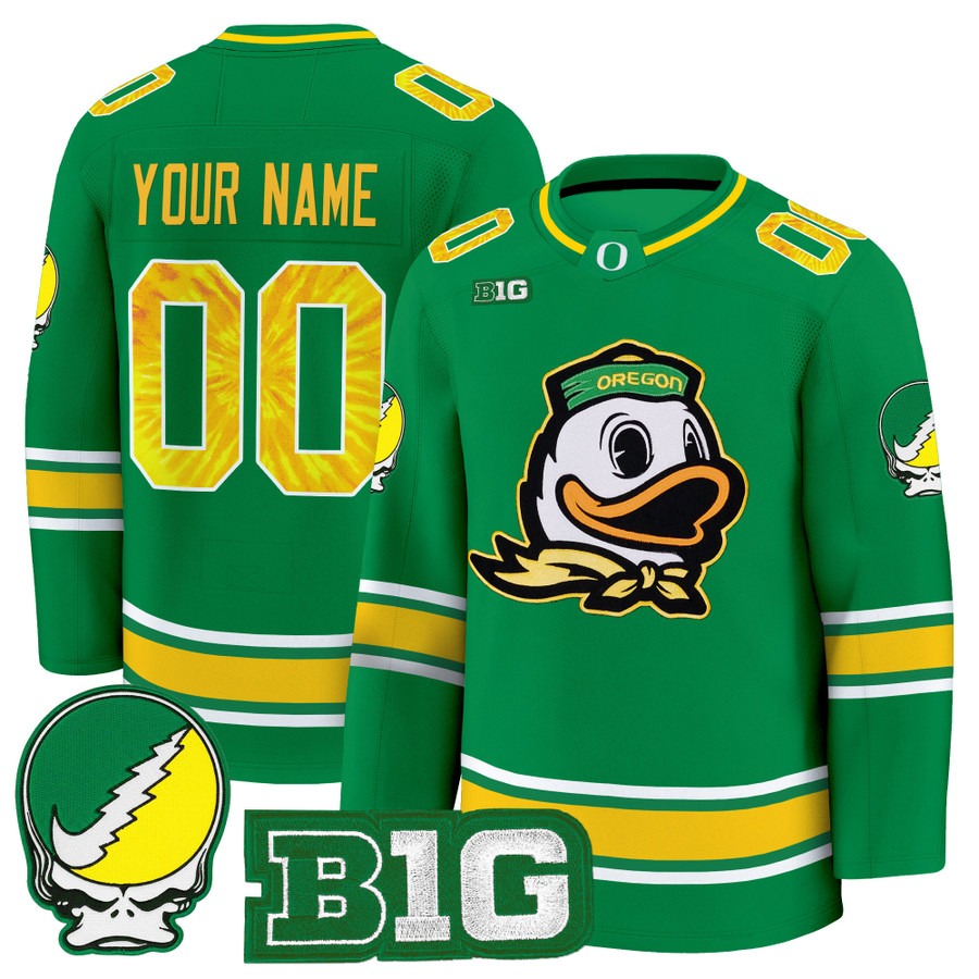 Men's Oregon Ducks Custom Hockey Style 'Grateful Ducks' Premium Stitched Jersey -  Green